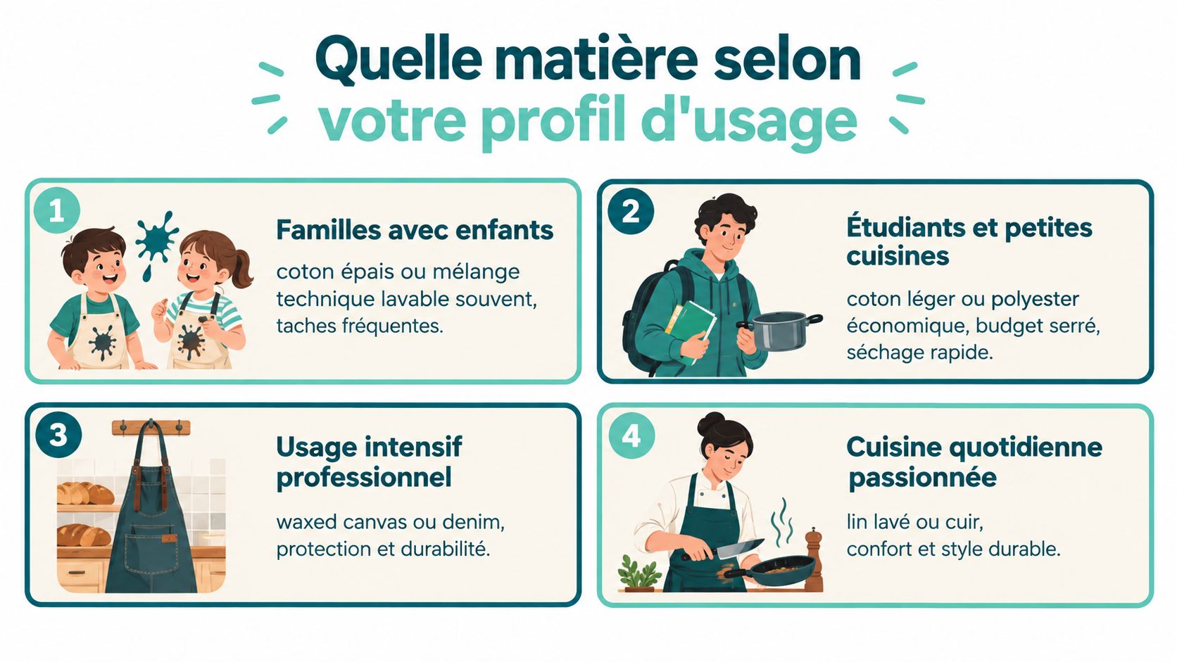 Infographie illustrée conseillant les meilleures matières de tabliers de cuisine selon différents profils d'utilisateurs et besoins.