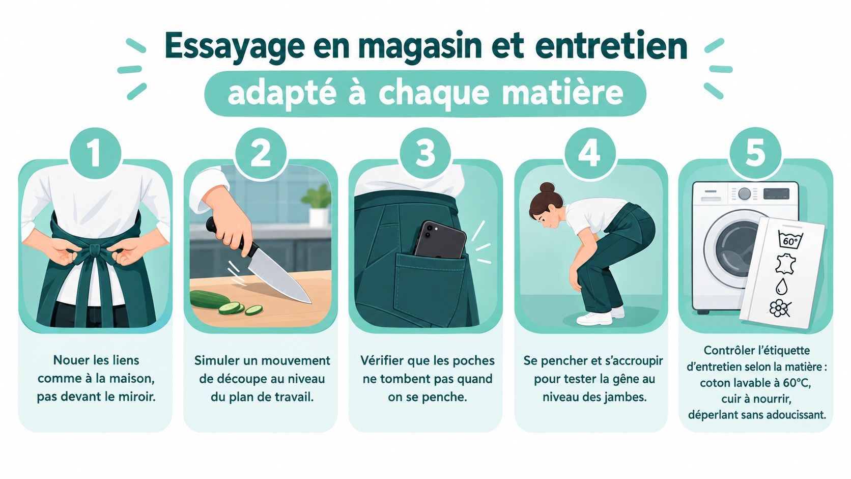 Une infographie en cinq étapes montrant comment essayer et entretenir un tablier de cuisine en magasin.
