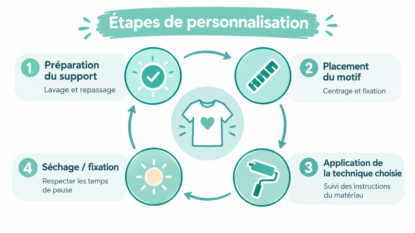 Illustration des quatre étapes de personnalisation d'un vêtement, incluant la préparation, le placement, l'application et la fixation.