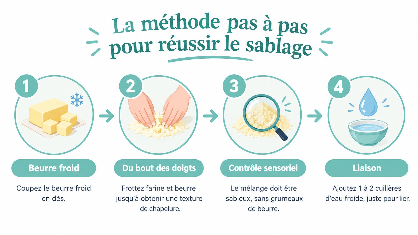 Une infographie étape par étape montrant la méthode du sablage pour préparer une pâte à quiche.