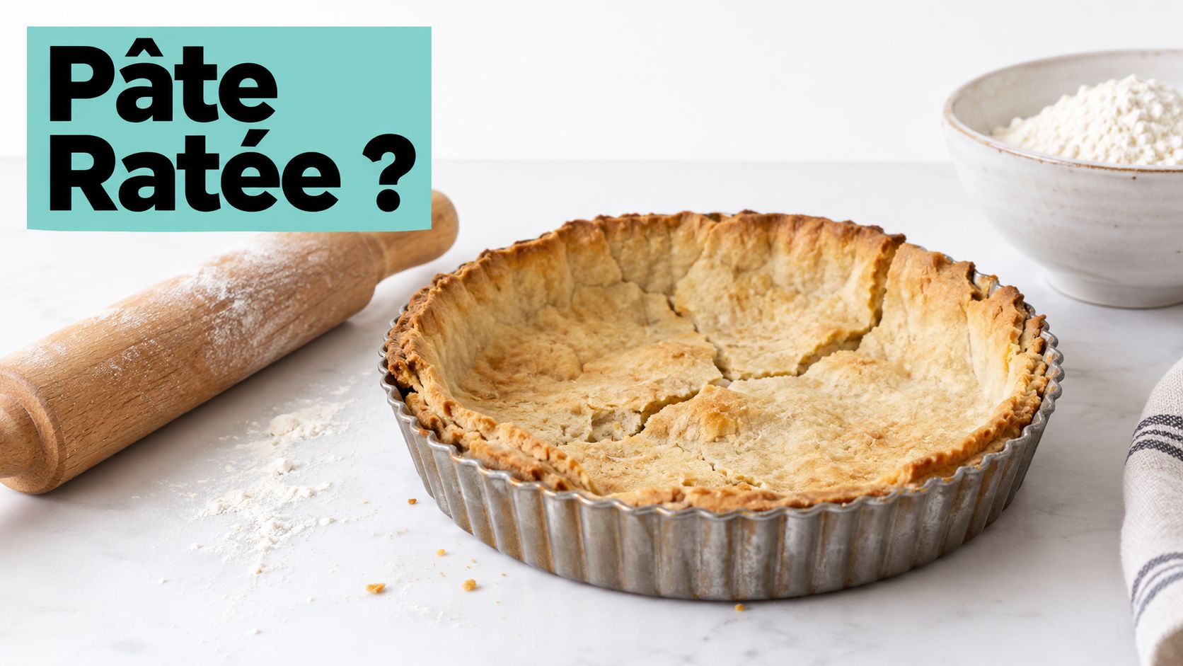 Une tarte cuite dans un moule métallique sur un plan de travail avec un rouleau à pâtisserie.