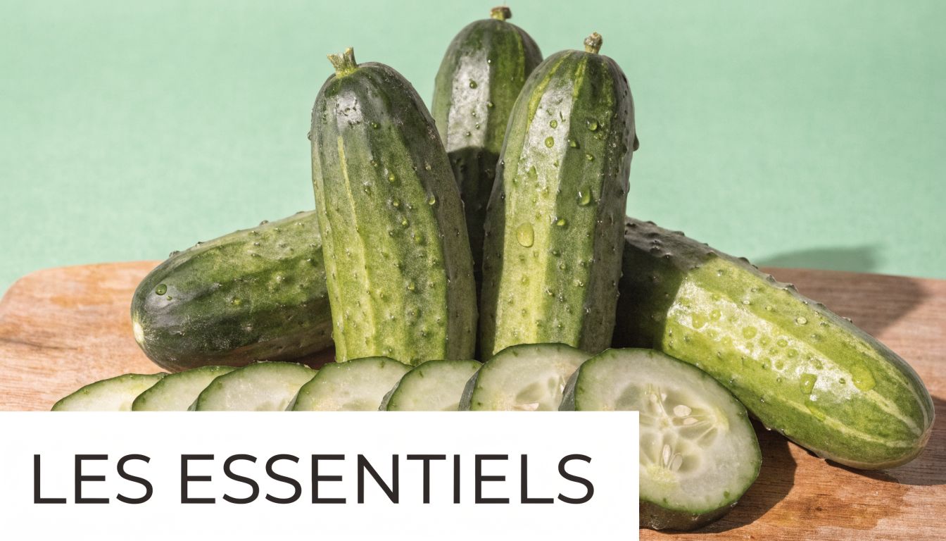 Des concombres frais et des tranches sur une planche en bois avec le texte Les Essentiels.