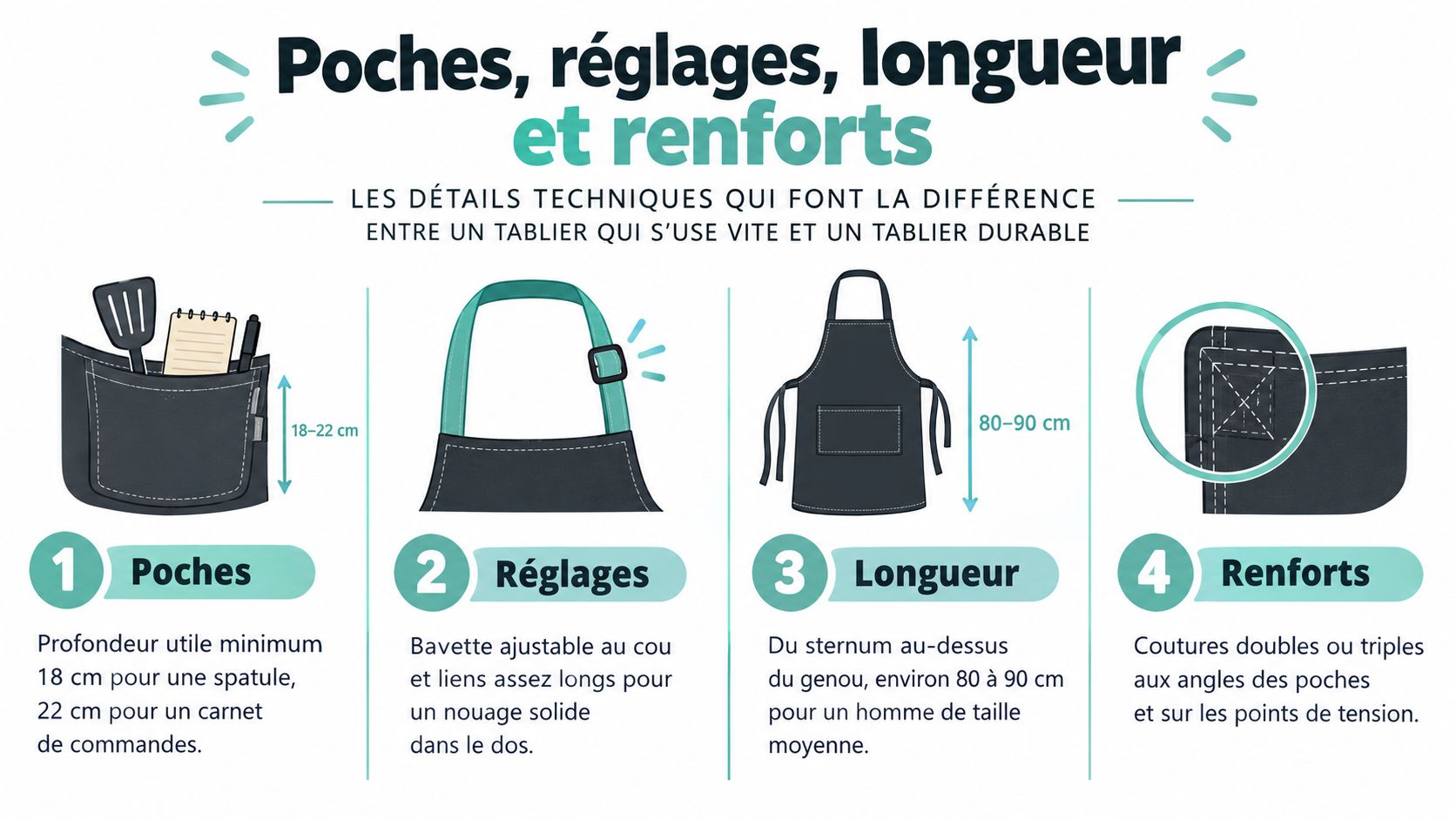 Infographie présentant les caractéristiques techniques essentielles pour choisir un tablier de cuisine professionnel et durable.