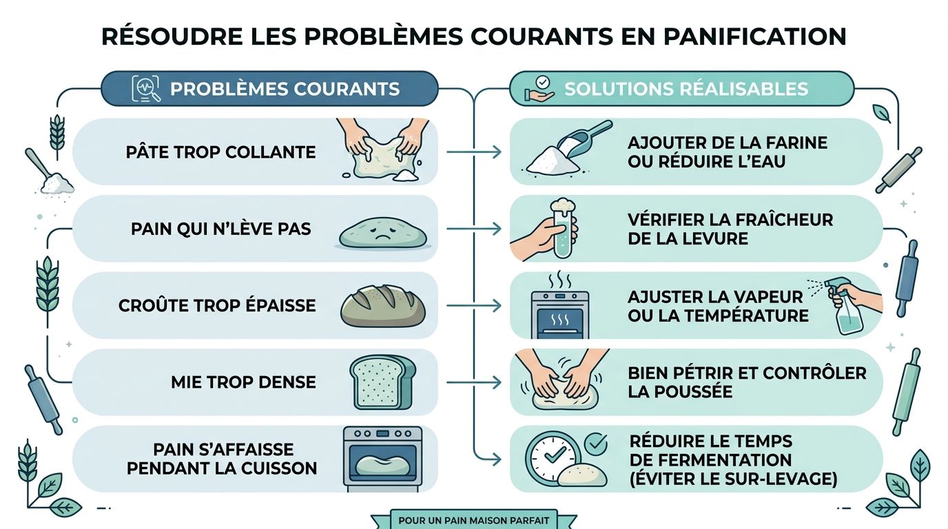 Une infographie pratique en français listant les solutions pour résoudre les problèmes courants en panification maison.