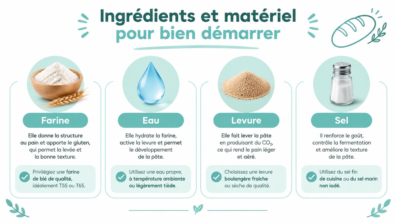 Une infographie montrant les quatre ingrédients essentiels pour préparer du pain maison : farine, eau, levure et sel.