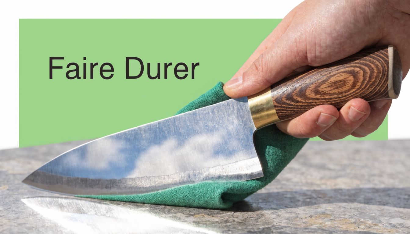 Une main essuie une lame de couteau de cuisine avec un chiffon vert, avec le texte Faire Durer.