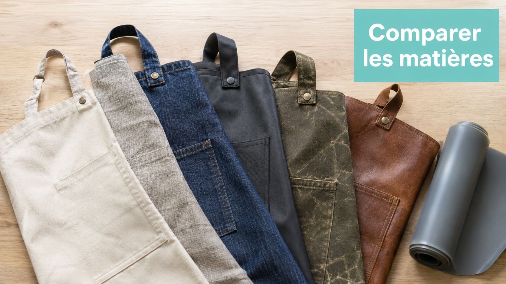 Plusieurs tabliers de cuisine pliés, fabriqués dans différentes matières comme le coton, le jean, le cuir et le synthétique.