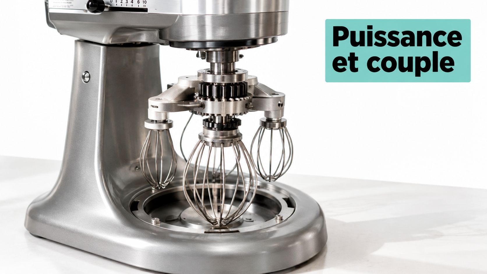 Robot pâtissier professionnel en inox avec un mécanisme interne complexe et trois fouets rotatifs visibles.