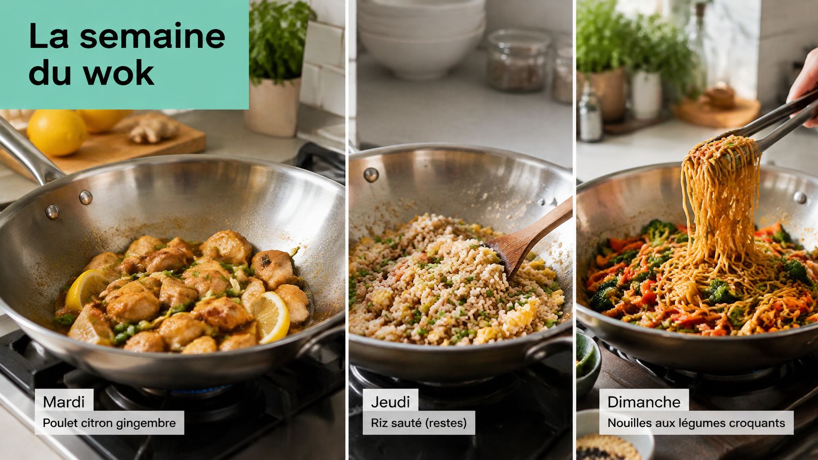 Trois plats différents cuisinés au wok en acier inoxydable pour les jours de la semaine.