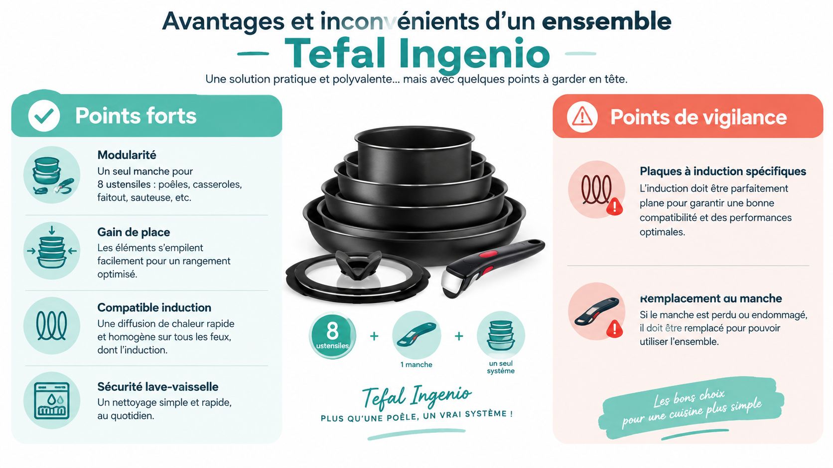 Infographie présentant les avantages et les points de vigilance du set de cuisine amovible Tefal Ingenio.