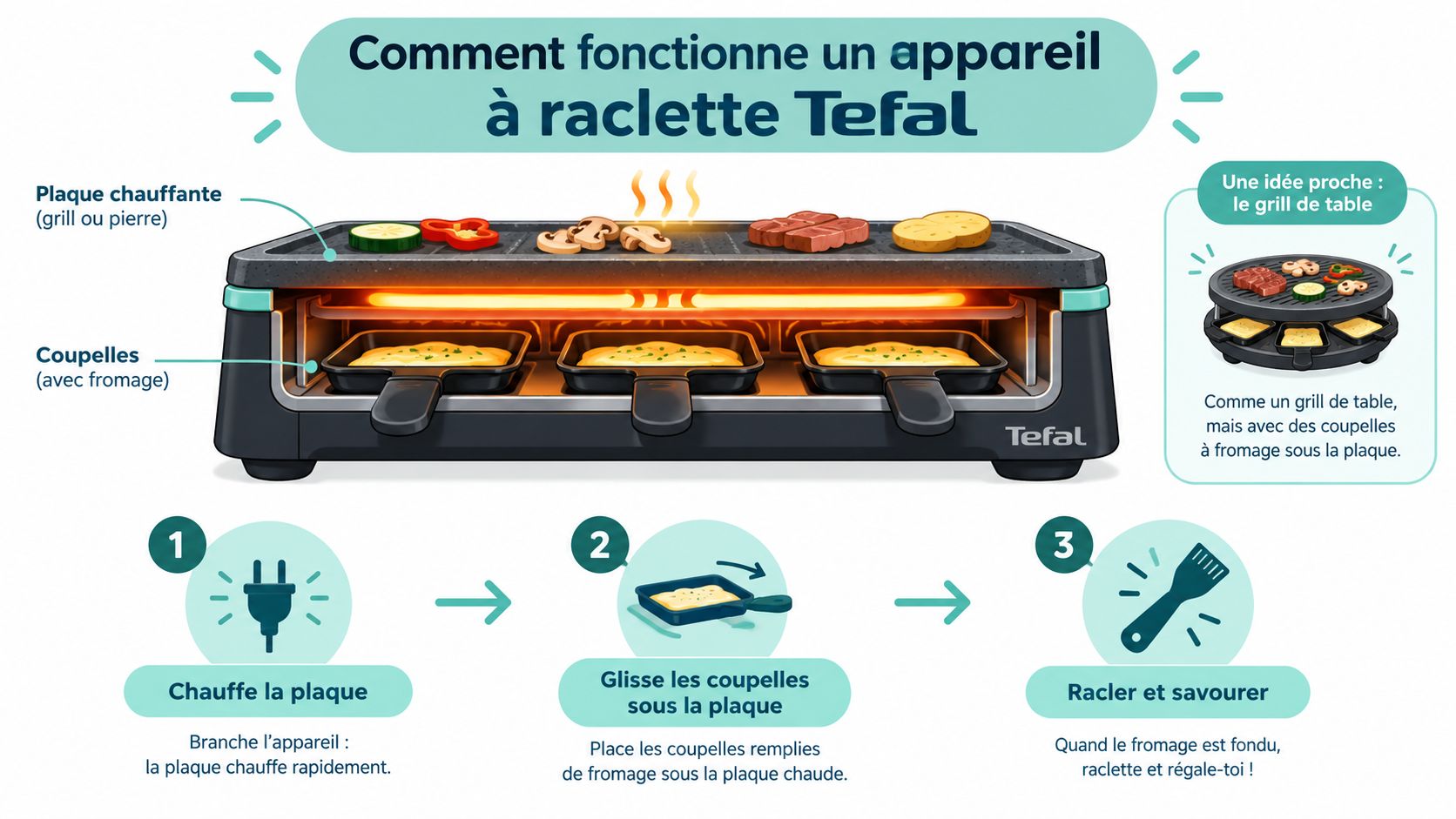 Illustration montrant le fonctionnement d'un appareil à raclette Tefal, expliquant les étapes pour griller et fondre le fromage.