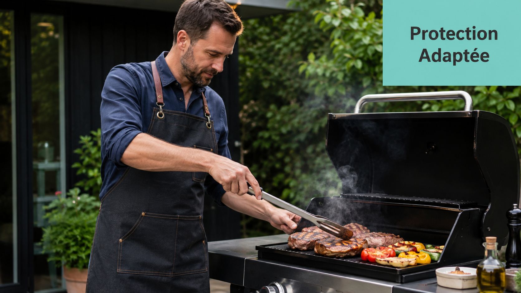 Un homme portant un tablier de cuisine robuste en train de faire griller de la viande au barbecue.