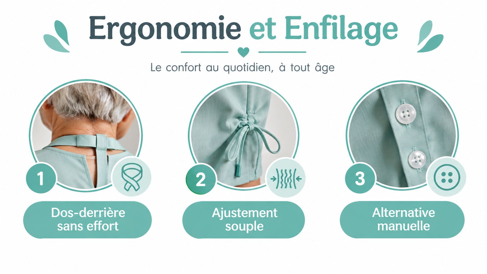 Trois caractéristiques ergonomiques d'un tablier pour senior facilitant l'habillage autonome, incluant fermeture, ajustement et boutons manuels.