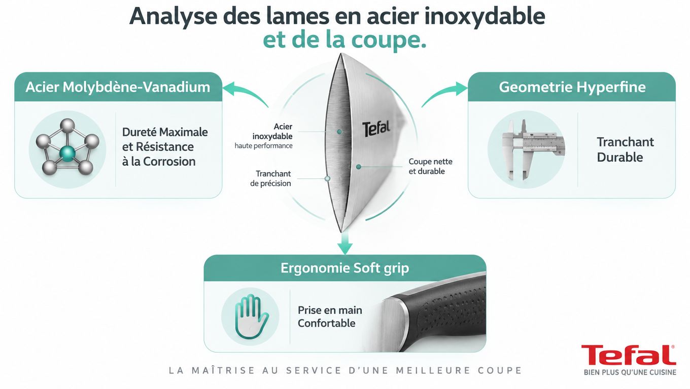 Infographie présentant les caractéristiques techniques des lames en acier inoxydable des couteaux de cuisine Tefal.