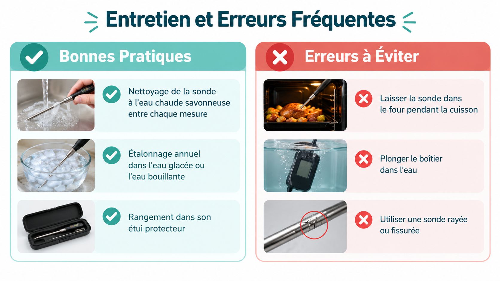 Tableau illustrant les bonnes pratiques et les erreurs fréquentes pour l'entretien d'un thermomètre de cuisine alimentaire.
