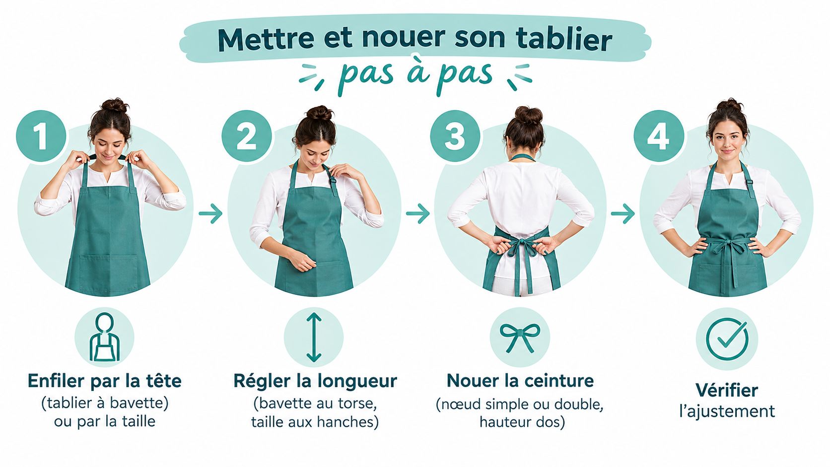 Une illustration montrant les quatre étapes simples pour mettre et nouer correctement un tablier de cuisine.