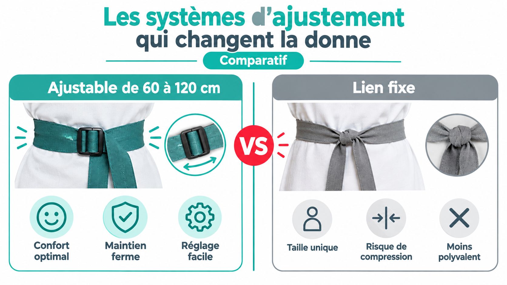 Comparatif entre un système d'ajustement à boucle pour tablier et un système de nouage fixe traditionnel.