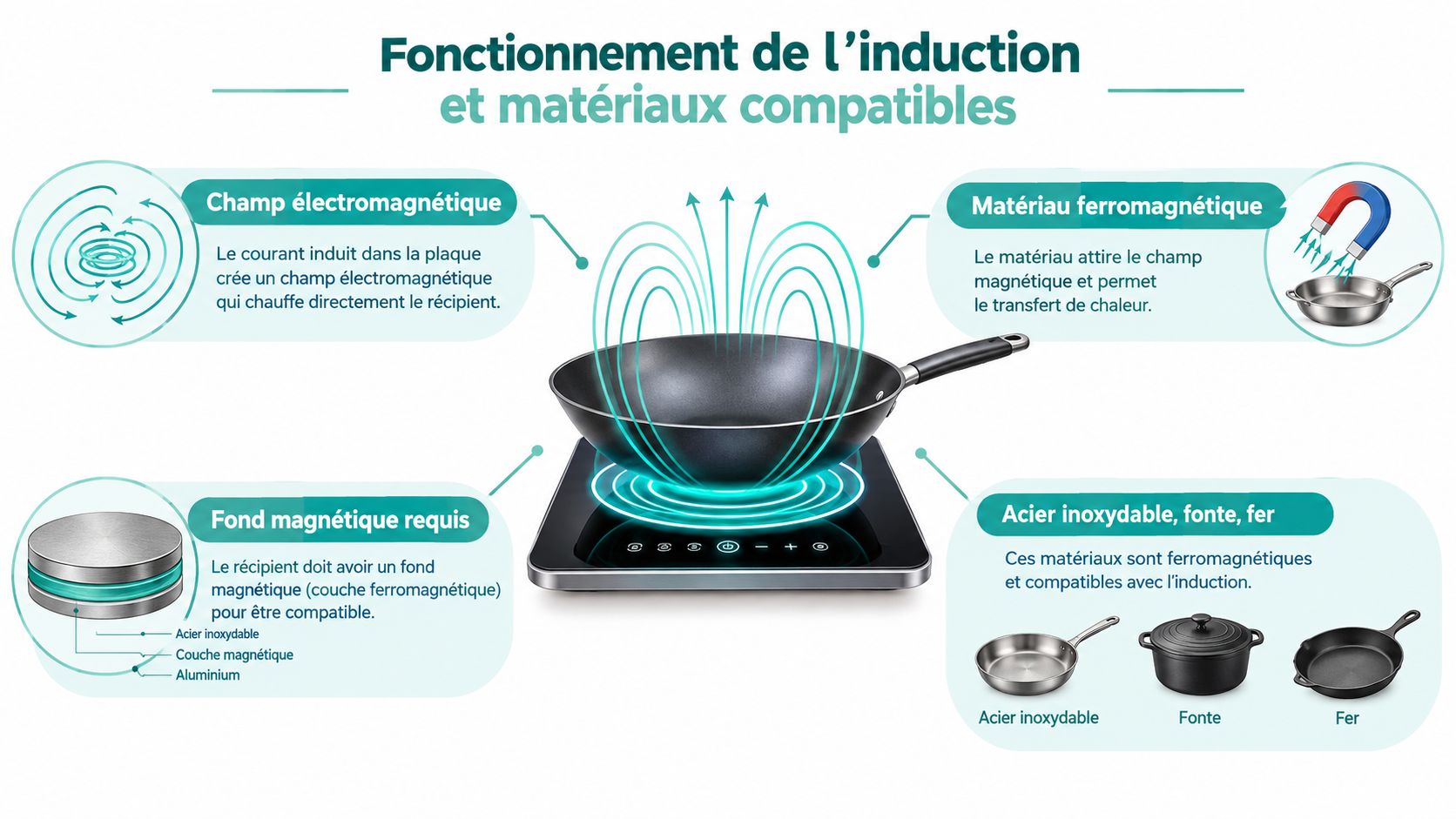 Schéma explicatif montrant le fonctionnement d'une plaque à induction et les types de casseroles compatibles.