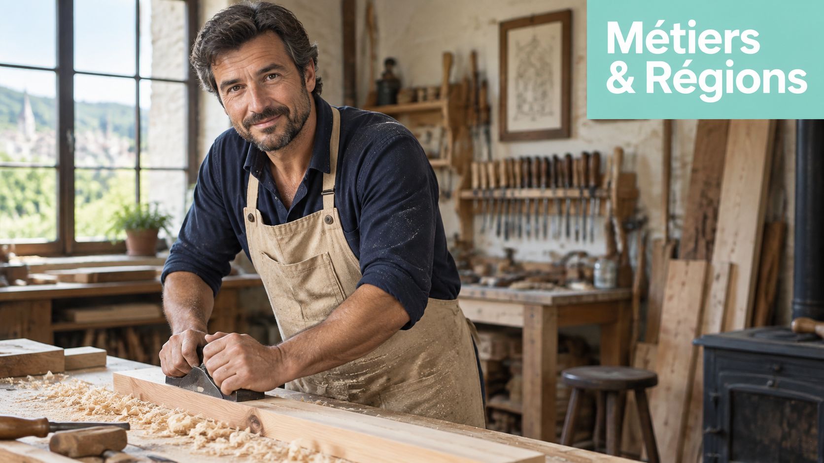 Un artisan menuisier concentré travaillant le bois avec un rabot dans son atelier chaleureux et lumineux.