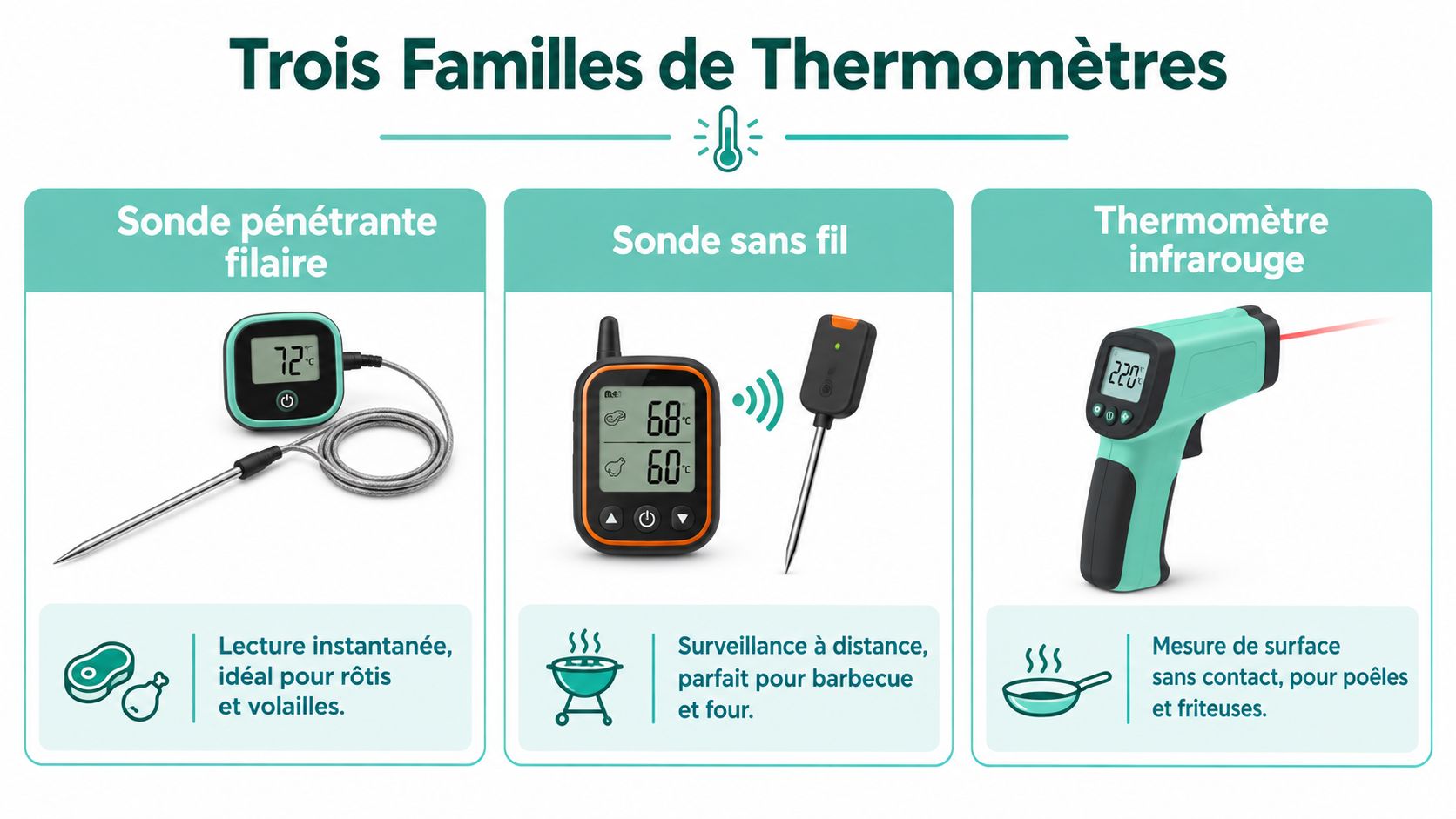 Une infographie présentant les trois types principaux de thermomètres de cuisine avec leurs caractéristiques et usages spécifiques.