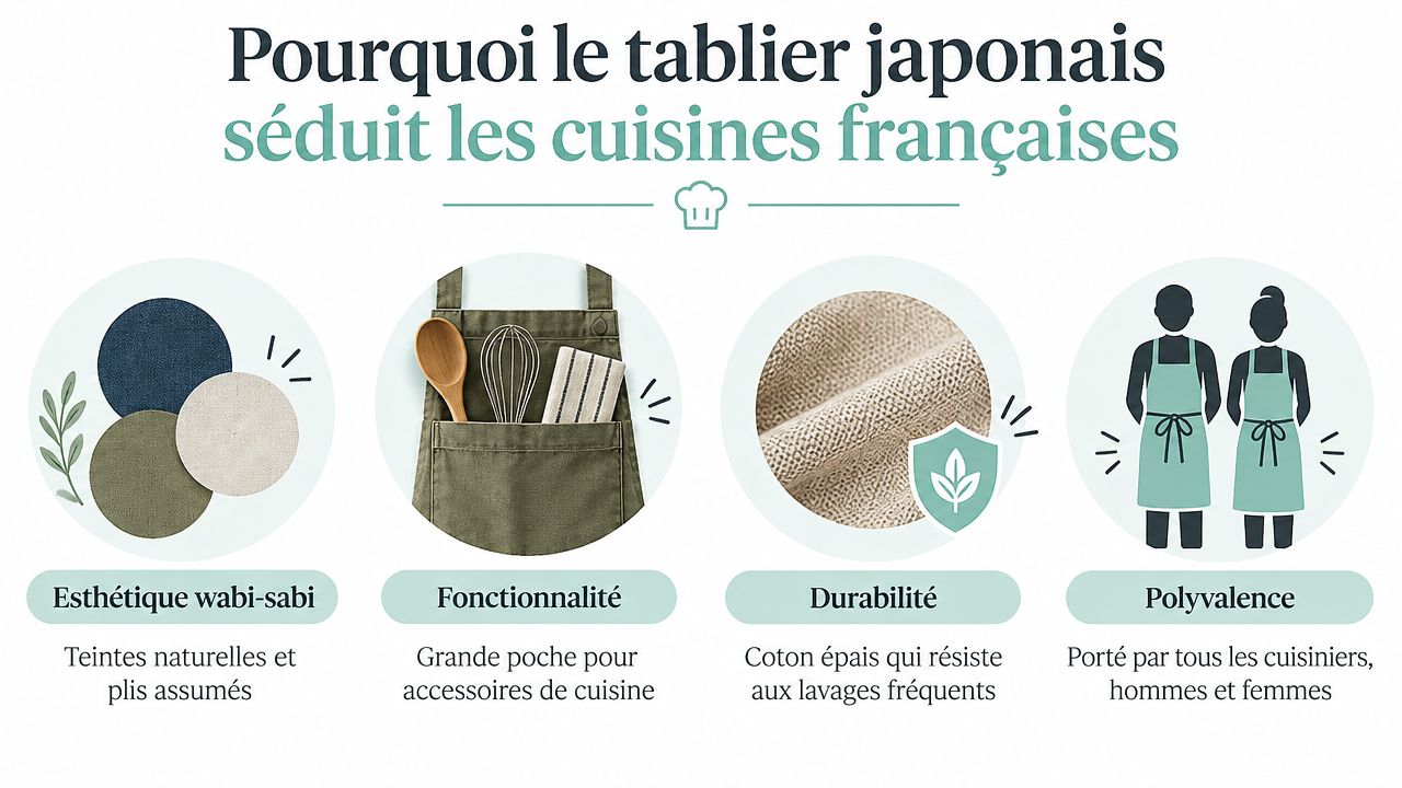 Infographie expliquant pourquoi les tabliers japonais sont populaires dans les cuisines françaises grâce à leur style et praticité.