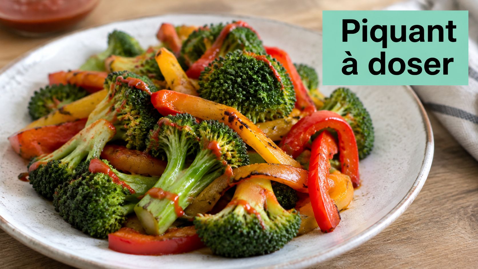 Une assiette de légumes sautés, incluant du brocoli et des poivrons, relevée avec une sauce piquante.
