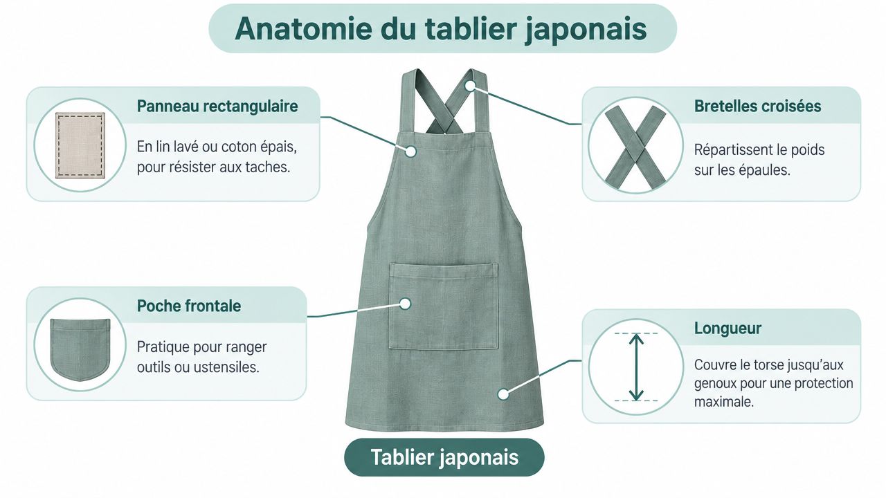 Schéma explicatif de l'anatomie d'un tablier japonais avec ses caractéristiques principales de conception et de confort.