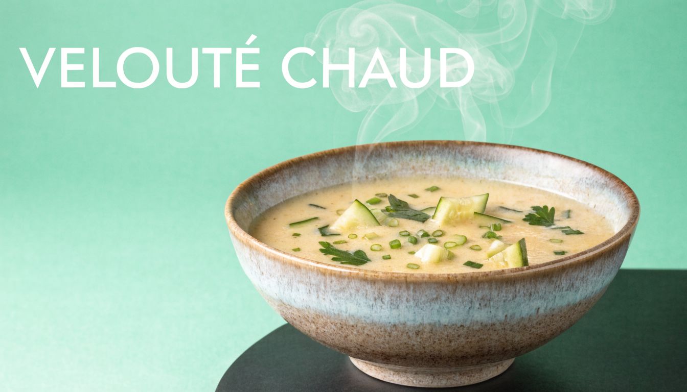 Un bol de velouté chaud garni de morceaux de concombre frais et d'herbes sur fond vert.