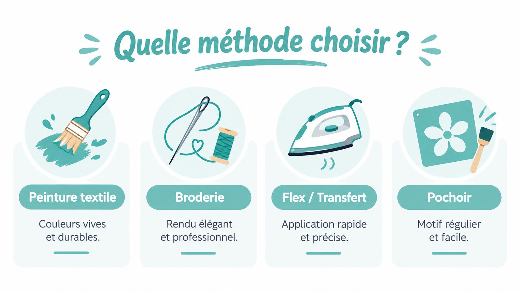 Illustration illustrant quatre méthodes pour décorer des tissus : peinture textile, broderie, flex et pochoir.