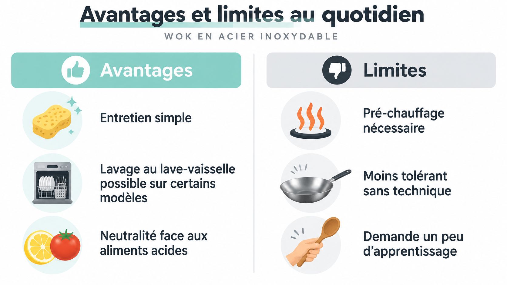 Tableau comparatif des avantages et limites d'utilisation d'un wok en acier inoxydable au quotidien.