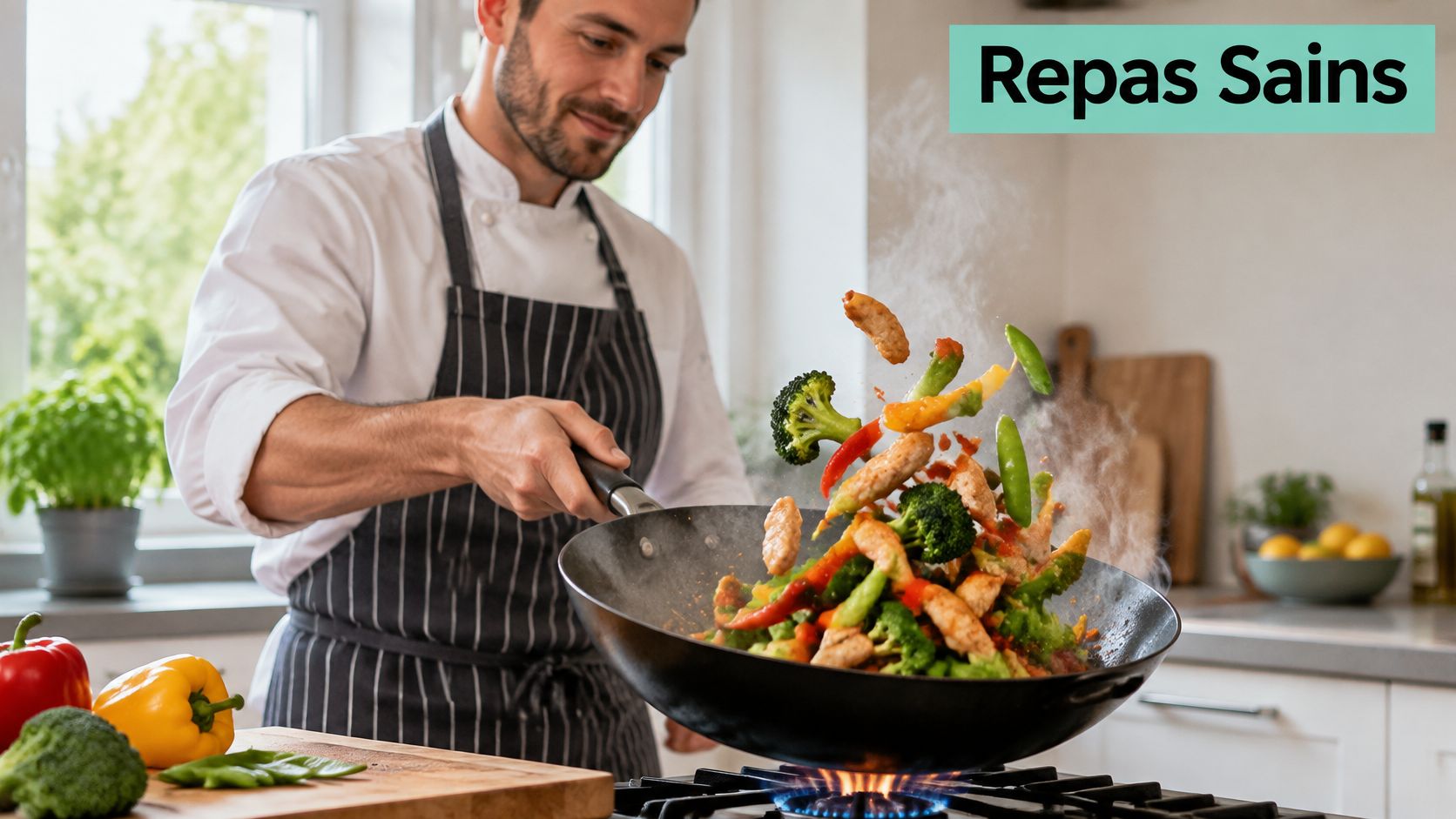 Un chef cuisinier professionnel fait sauter des légumes frais et du poulet dans un wok sur une cuisinière.