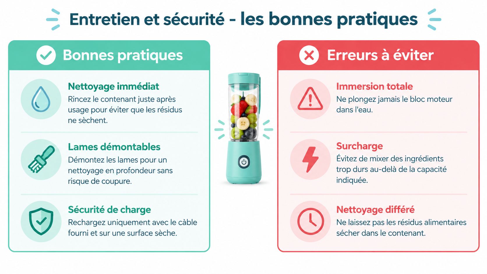 Infographie présentant les conseils d'entretien et les règles de sécurité pour l'utilisation d'un blender portable sans fil.