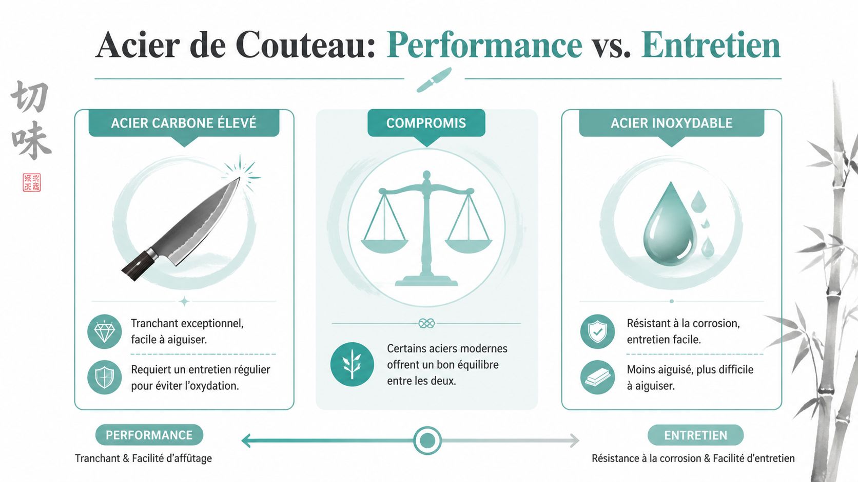 Infographie comparant les différents types d'acier de couteaux, mettant en évidence performance contre entretien.