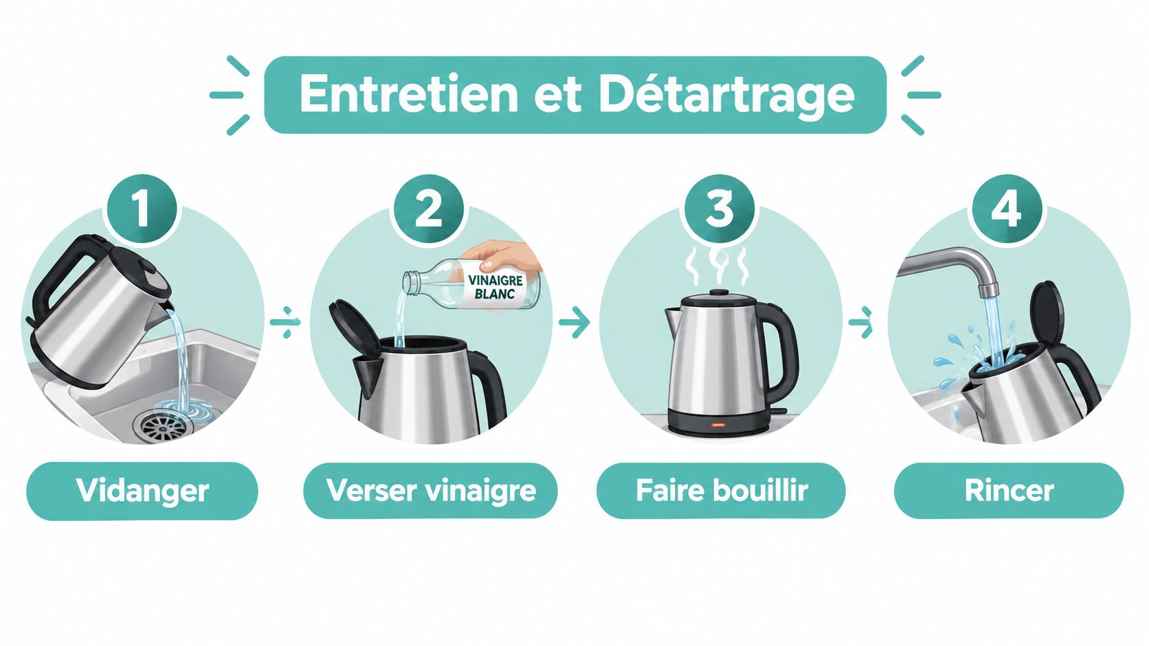 Illustration des quatre étapes simples pour entretenir et détartrer une bouilloire électrique avec du vinaigre blanc.