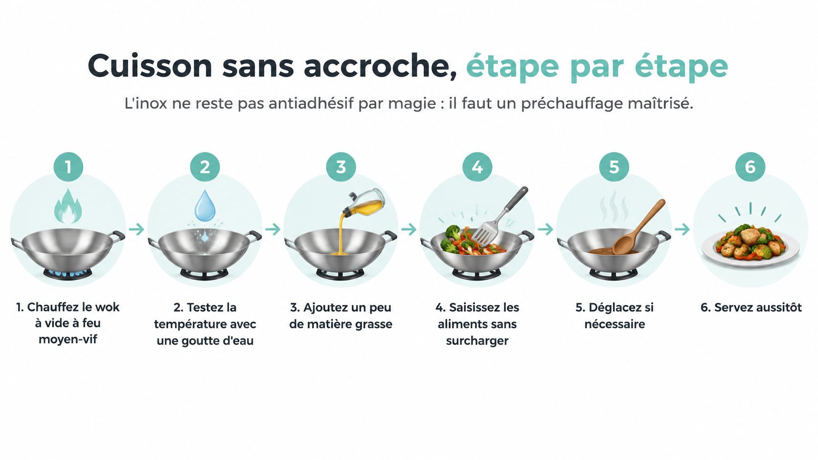 Infographie étape par étape expliquant comment préparer un wok en acier inoxydable pour une cuisson antiadhésive optimale.