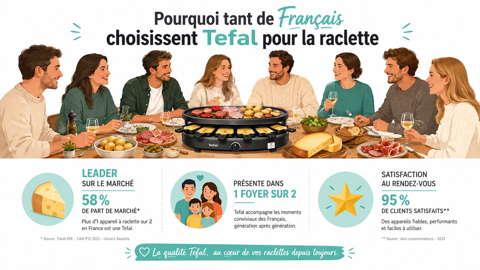 Un groupe d'amis joyeux partage un repas convivial autour d'un appareil à raclette Tefal sur une table.