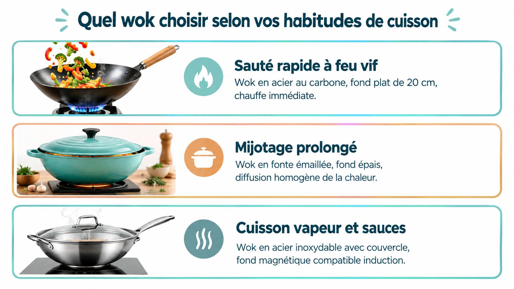 Guide comparatif pour choisir un wok adapté à vos habitudes de cuisson sur gaz ou induction.