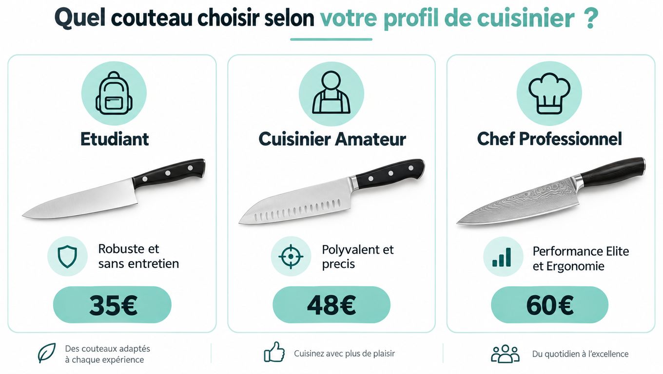 Tableau comparatif aidant à choisir un couteau de cuisine adapté selon son profil d'utilisateur et son budget.