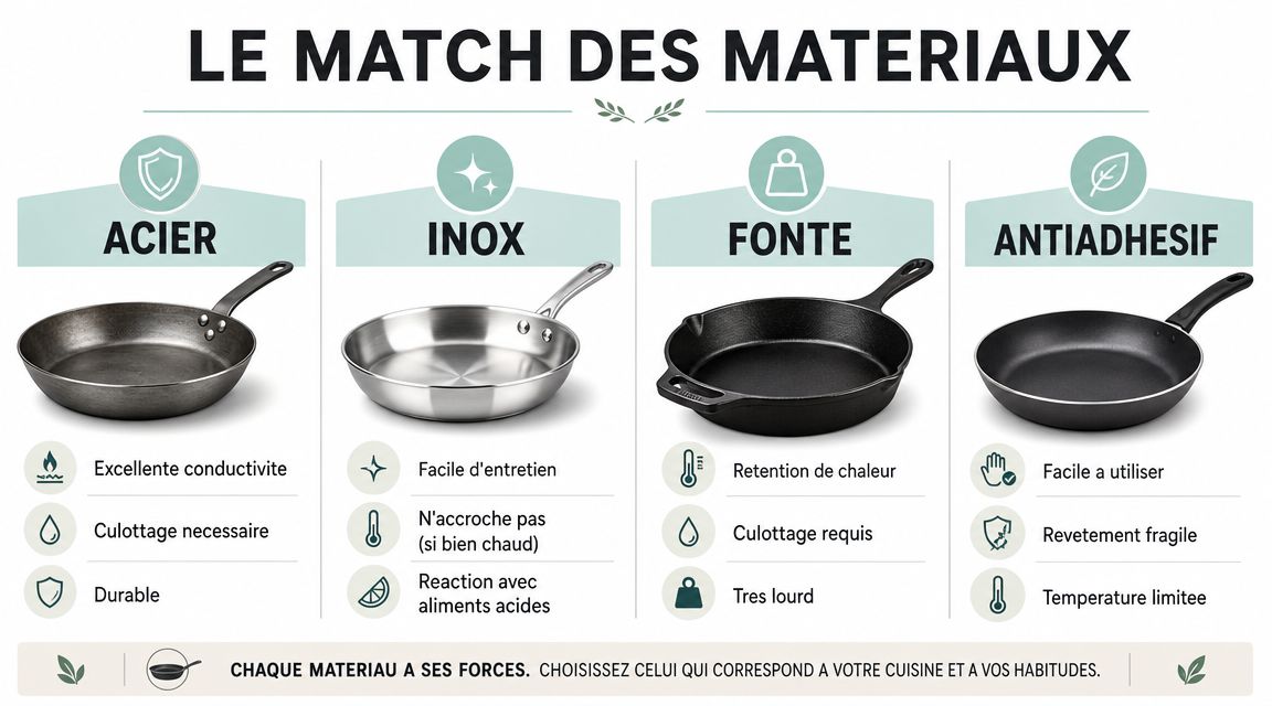 Infographie comparant les avantages et caractéristiques des matériaux de poêles : acier, inox, fonte et antiadhésif.