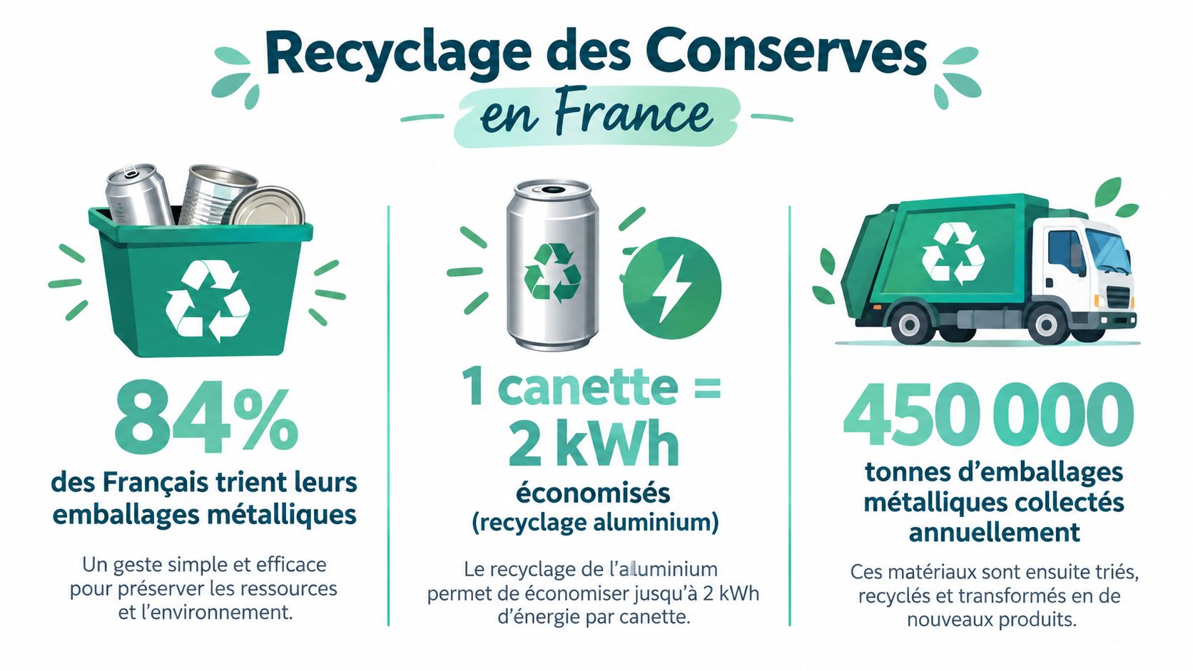 Infographie illustrant le taux de recyclage et les bénéfices énergétiques des conserves en métal en France.