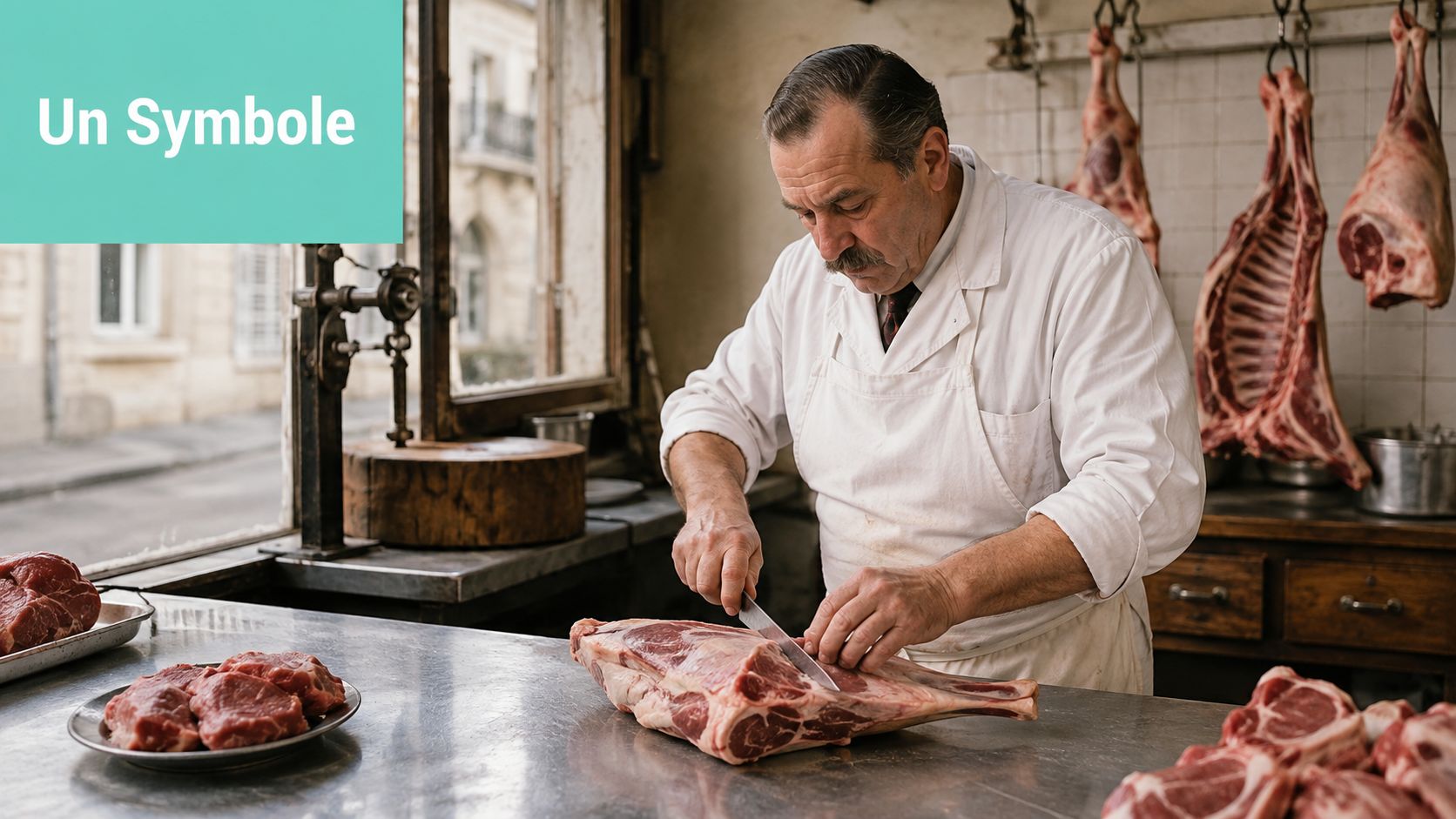 Un boucher professionnel travaillant dans sa boucherie en train de découper un morceau de viande fraîche.