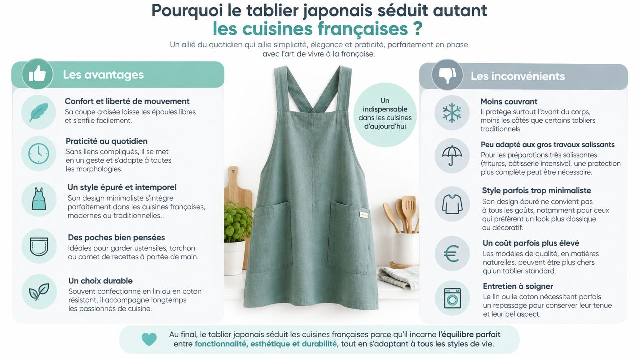 Infographie présentant les avantages et inconvénients du tablier japonais pour une utilisation en cuisine française.