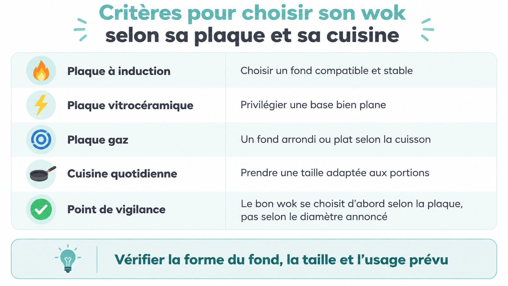 Infographie illustrant les critères importants pour choisir un wok selon le type de plaque de cuisson.