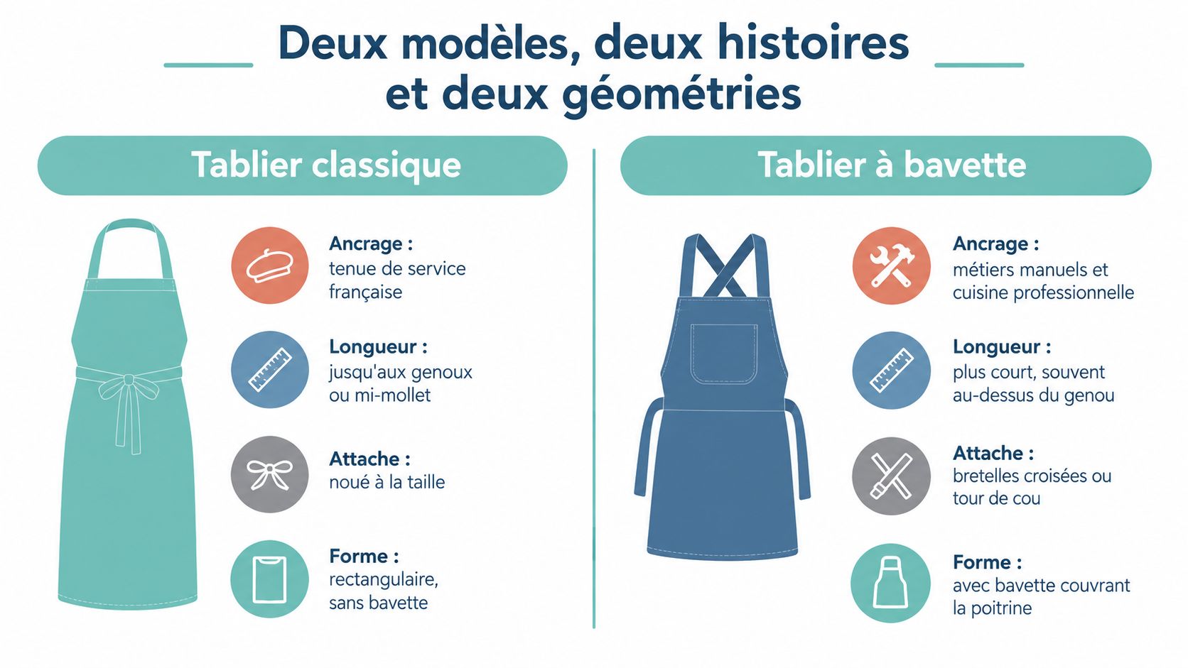 Comparaison visuelle entre un tablier classique et un tablier à bavette avec leurs caractéristiques distinctives.