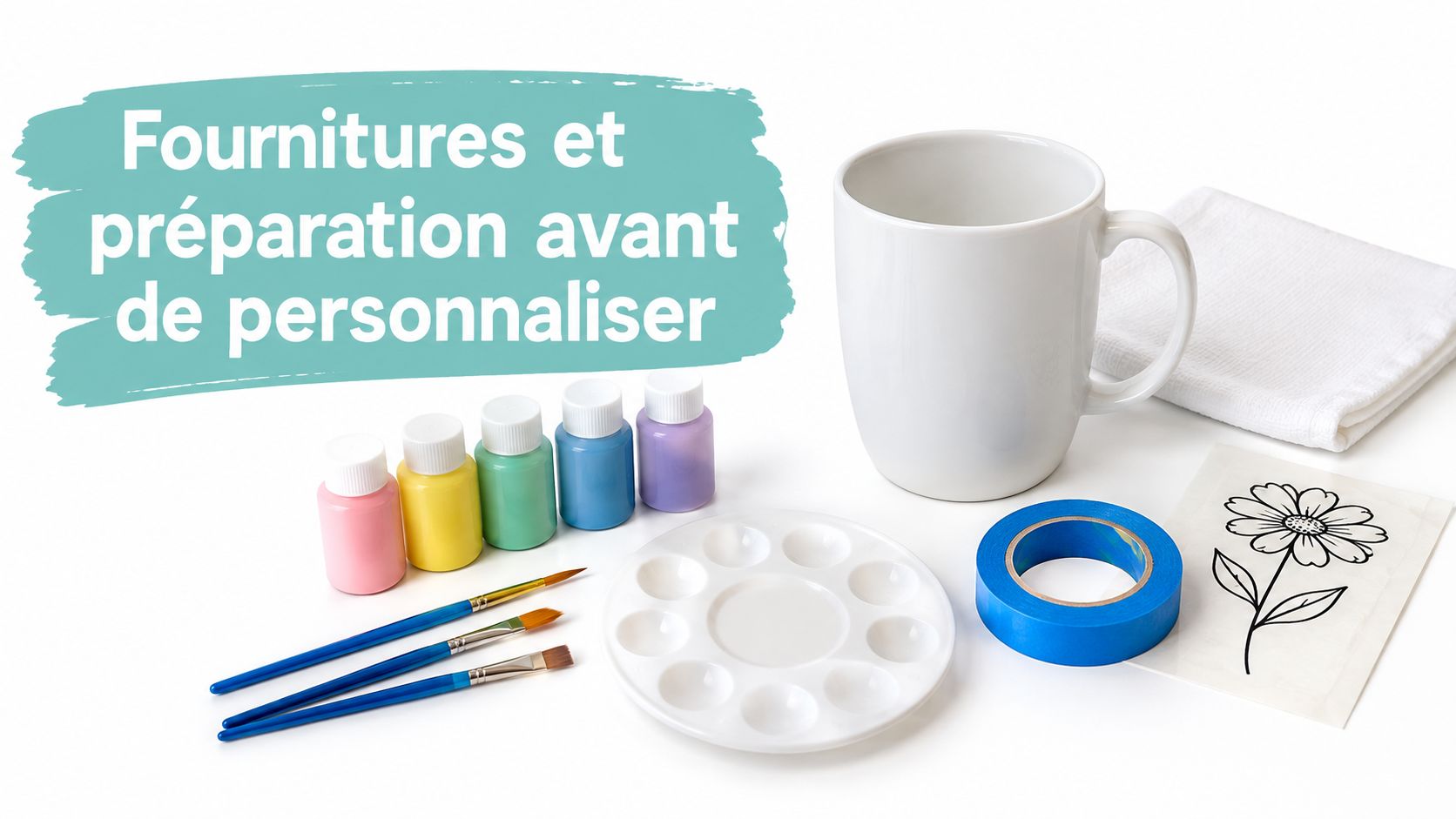 Matériel de loisirs créatifs comprenant une tasse blanche, des peintures, des pinceaux, du ruban adhésif et un modèle.