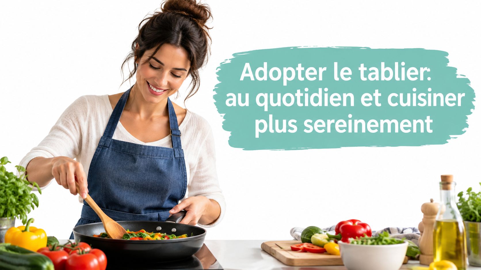 Une femme souriante portant un tablier bleu cuisine des légumes frais dans une poêle à la maison.