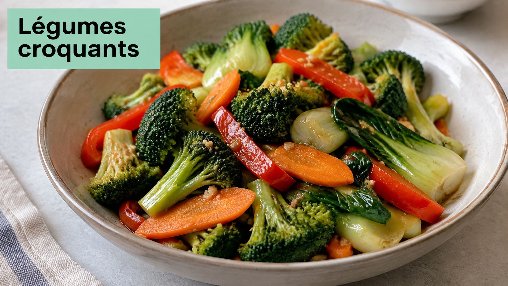 Un bol de légumes sautés au wok composé de brocolis, carottes et poivrons colorés et croquants.
