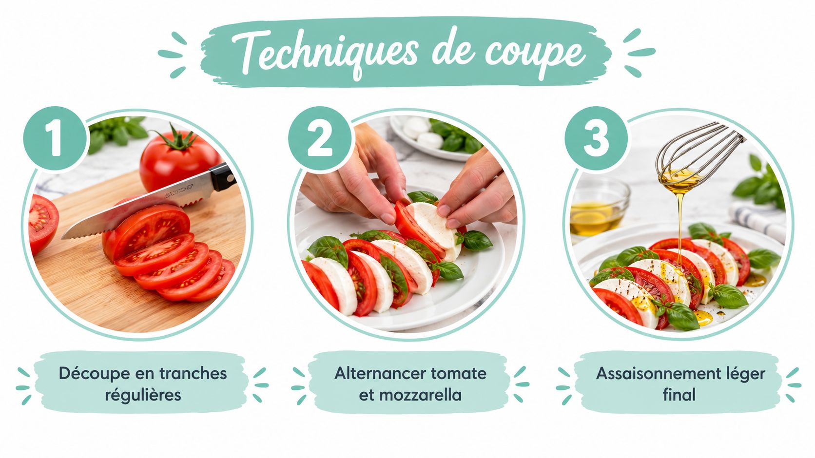 Une infographie montrant les étapes de préparation d'une salade caprese avec des tranches de tomate et mozzarella.