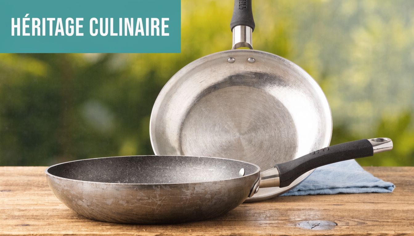 Deux poêles en acier de qualité professionnelle posées sur une table en bois dans une cuisine.