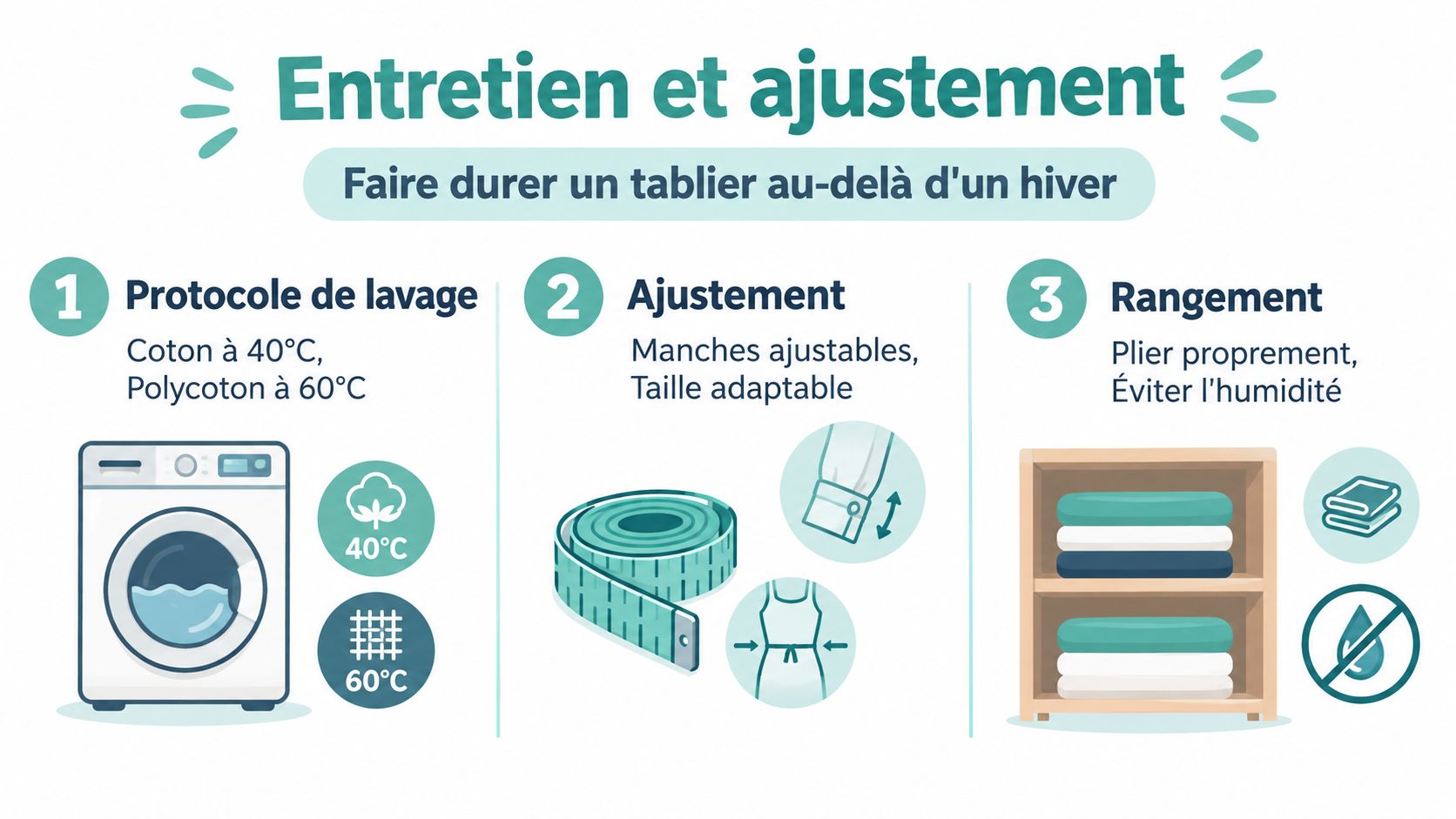 Infographie illustrant les étapes pour entretenir, ajuster et ranger un tablier d'enfant pour le faire durer longtemps.